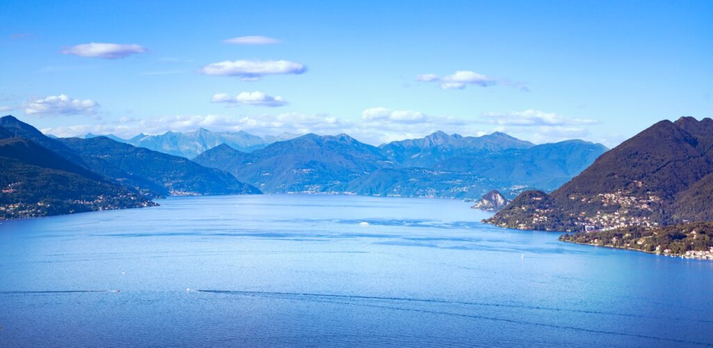 Maggiore lake panoramic view from Mottarone Stresa. Piedmont Ita